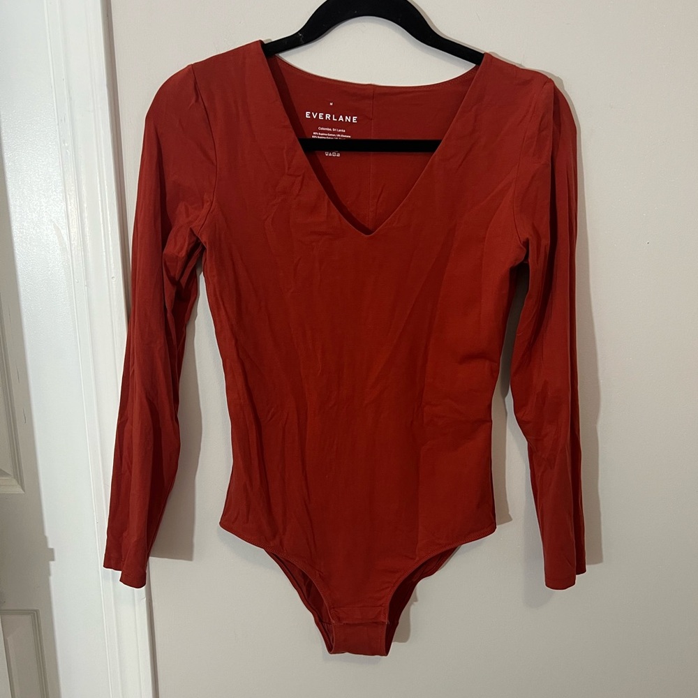Everlane Red Supima Cotton Blend Double lined Long Sleeve Bodysuit,medium